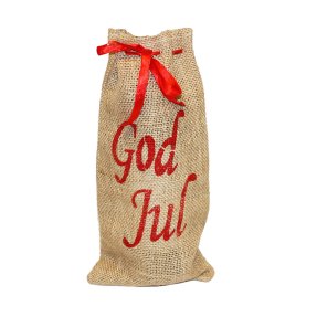 Juuttisäkki silkkinauhalla ja punaisella tekstillä God Jul
