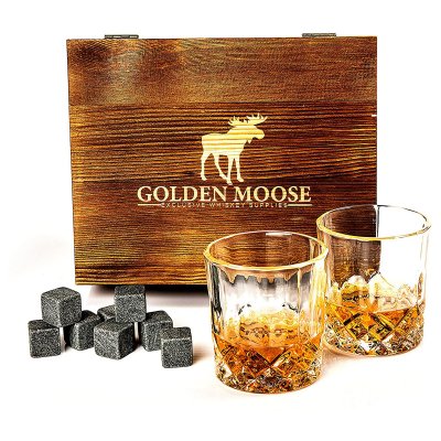 Whiskey set 2 whiskey glasses and 8 whiskey stones with an ice tong in a nice wooden box