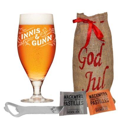 Joulukassi, oluenavaaja ja olutlasit Innis & Gunn, half pint